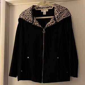 Black Jacket with Leopard Print Hood. Size 14/16